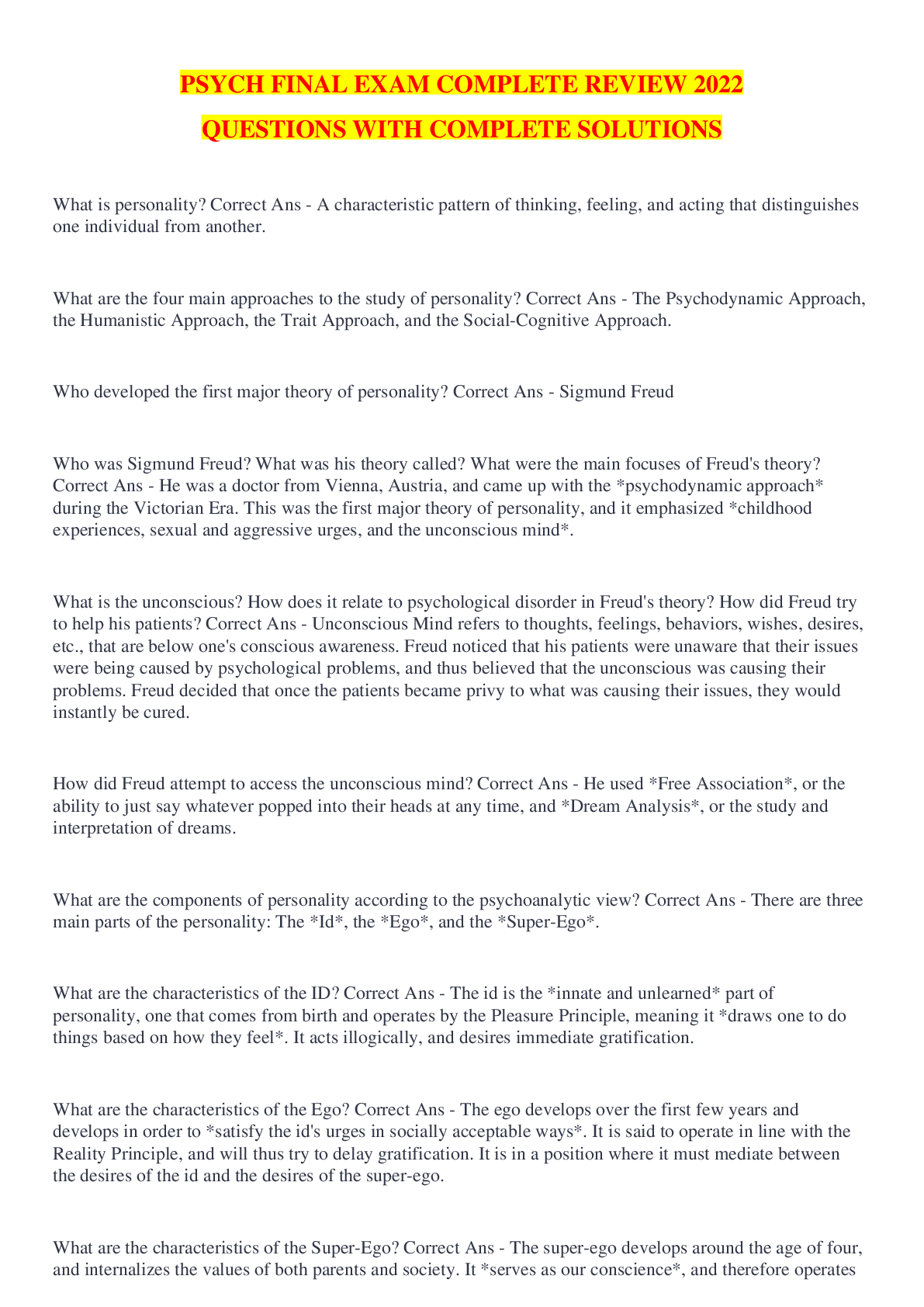 PSYCH FINAL EXAM COMPLETE REVIEW 2022 QUESTIONS WITH COMPLETE SOLUTIONS